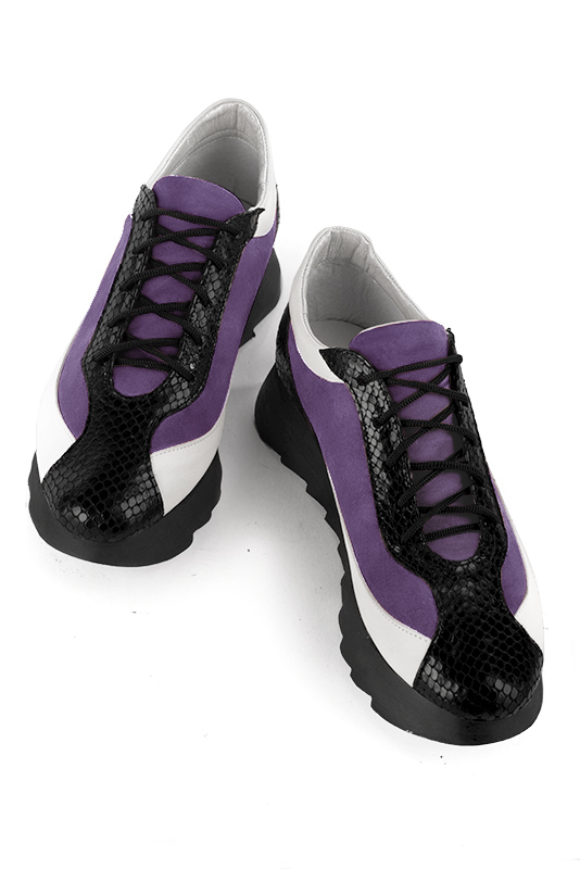 Satin black, amethyst purple and off white women's elegant sneakers. Round toe. Low rubber soles. Top view - Florence KOOIJMAN